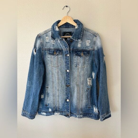American Bazi Distressed Destroyed Washed Denim Jean Jacket Size M - Picture 1 of 6